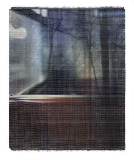 ”She Took the Other Train”, 2024 Woven, Giclée print, acrylic paint, cotton and polyester thread. Image size: H 94,5 x W 74 cm
